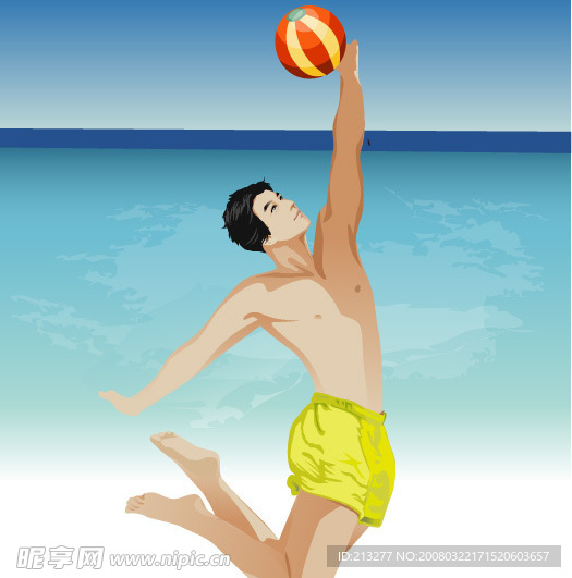 海滩打球的男青年