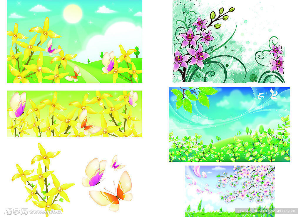 矢量黄色花卉 蝴蝶 天空 云朵　百合花