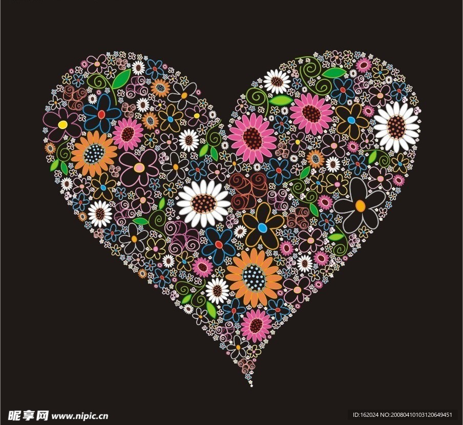 色彩斑斓的花卉组成的心形矢量素材