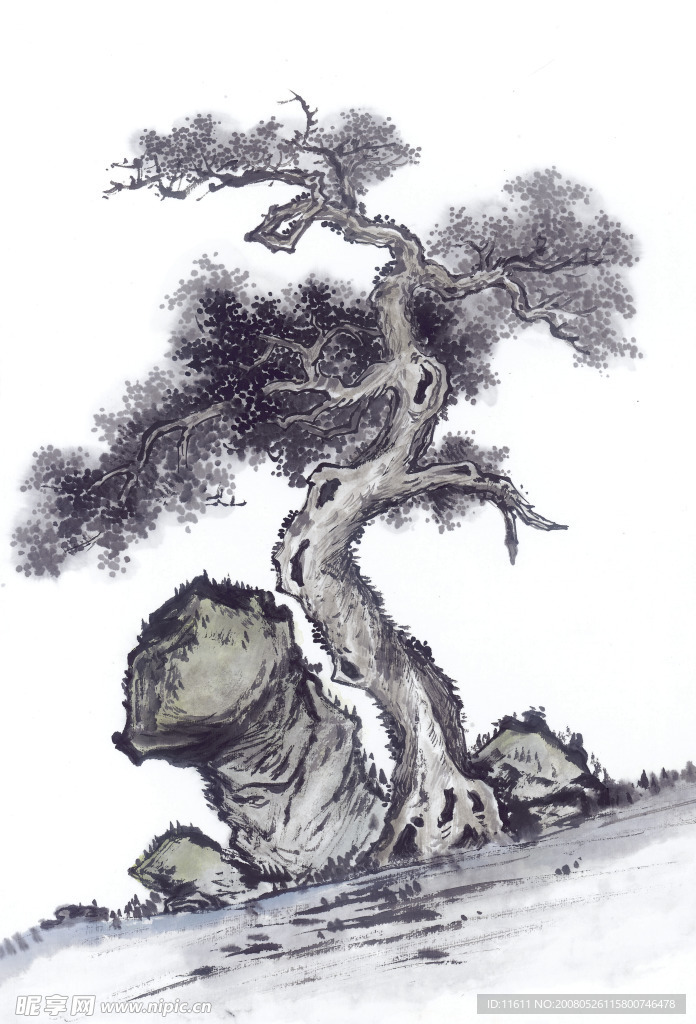 水墨植物山石