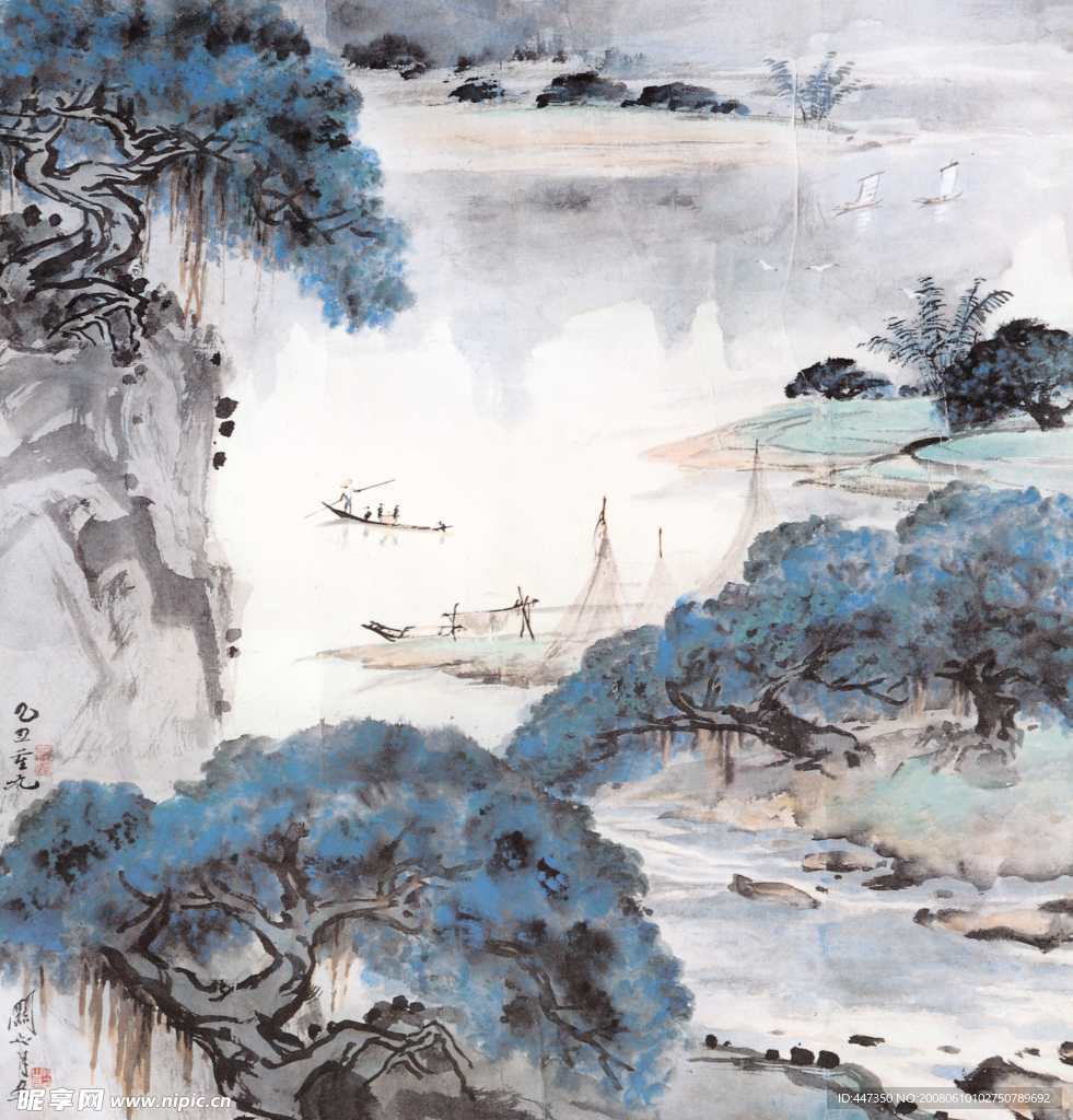 中国现代名家名画—中国画《漓江帆影》