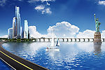 房地产 自由女神 帆船 公路  大海 蓝天 大桥 都市 风景 现代化