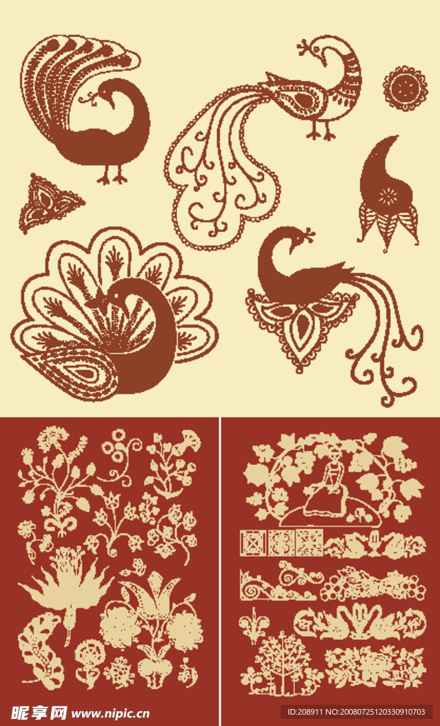 古典花纹与孔雀矢量素材