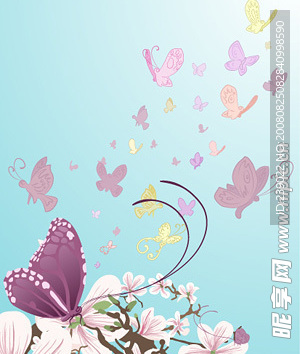 紫色蝴蝶与花朵矢量素材