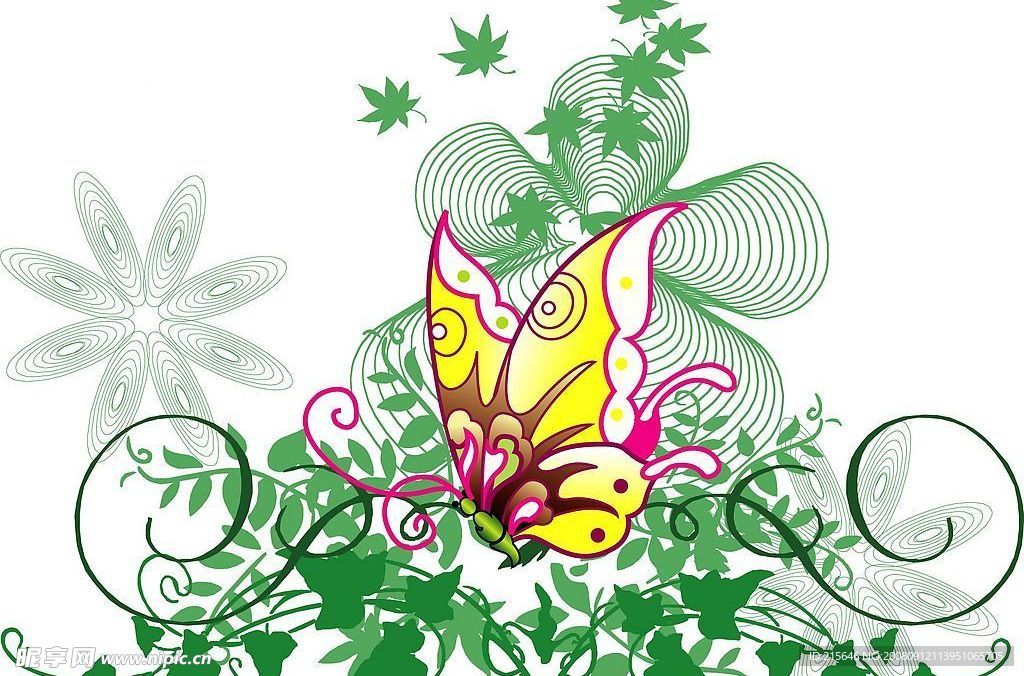 蝴蝶与植物花纹矢量素材