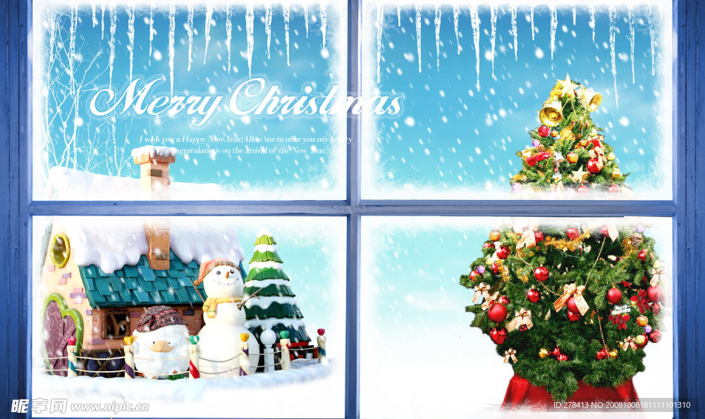 圣诞节素材窗外的冰凌 雪人和圣诞树