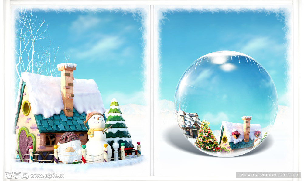 圣诞节素材 窗外的雪人和小屋