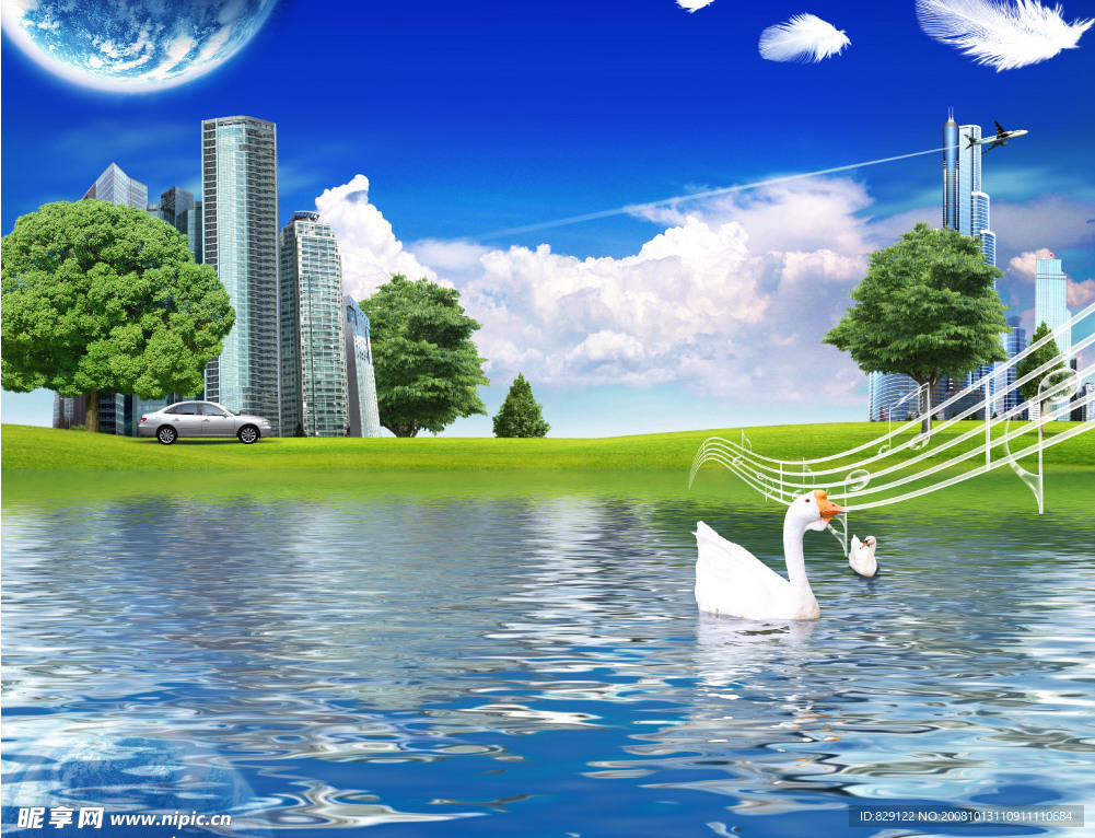 湖水楼房风光
