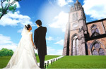 婚纱新人古建筑 蓝天草地