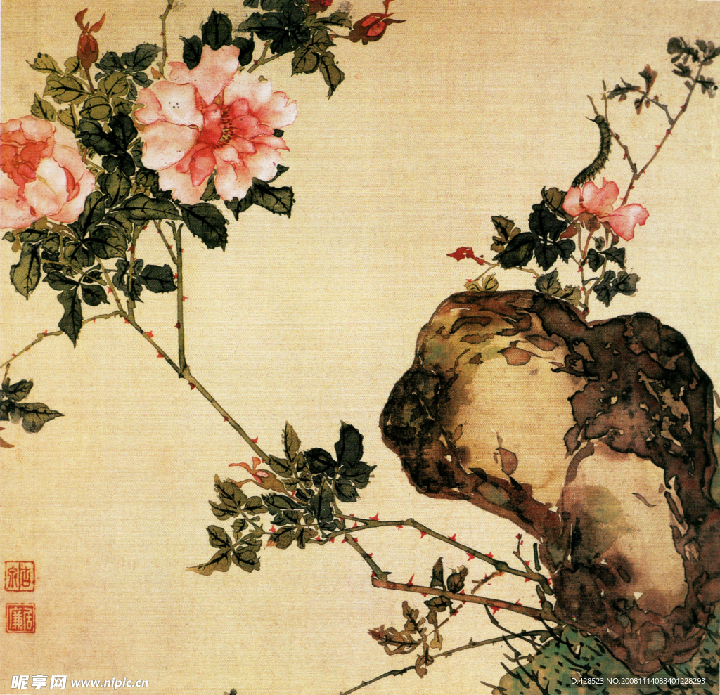 居廉—花卉昆虫图之月季