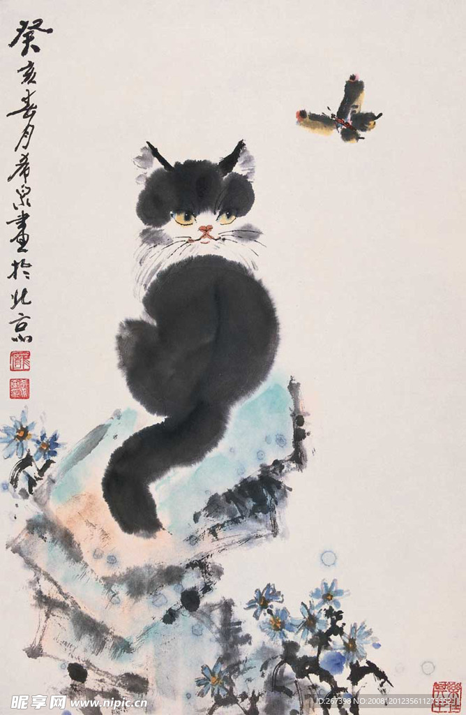 庞希泉现代国画~猫蝶图2