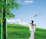 翠竹草地美女吹箫