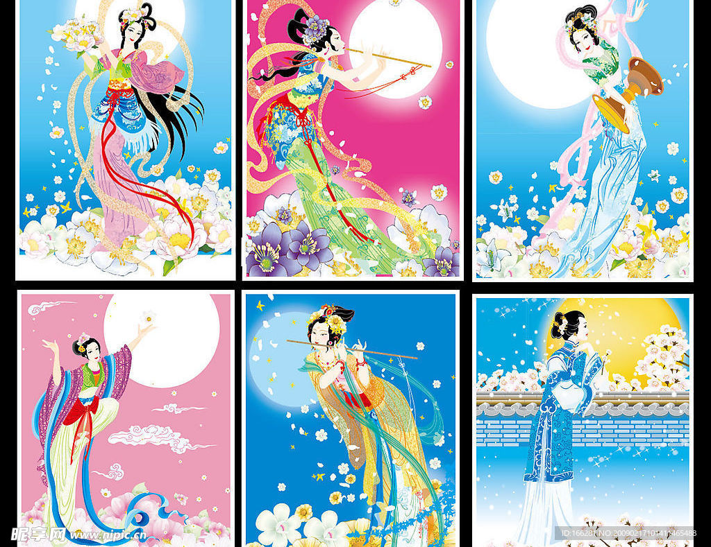 矢量古典散花美女6幅
