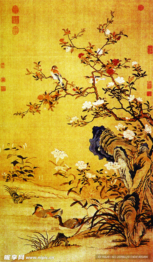 古代鸳鸯假山国画