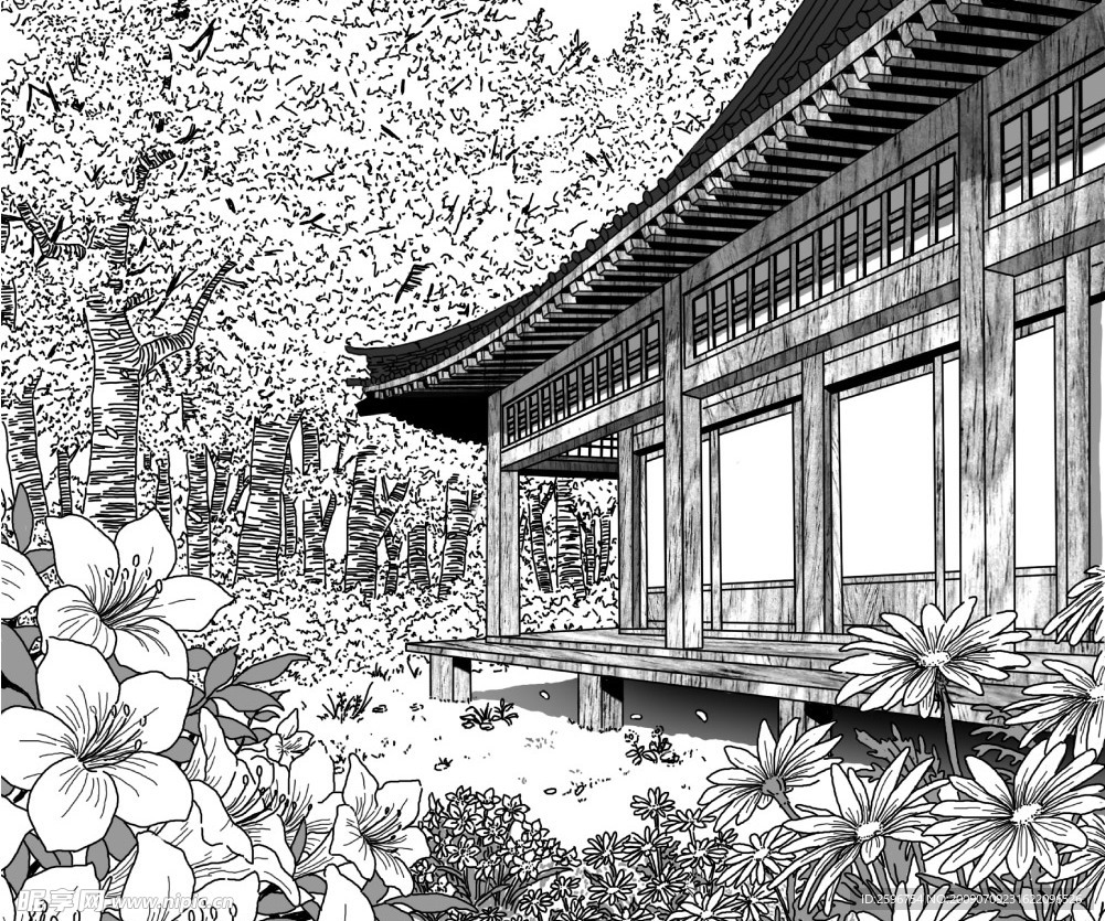 日式房子和树林花