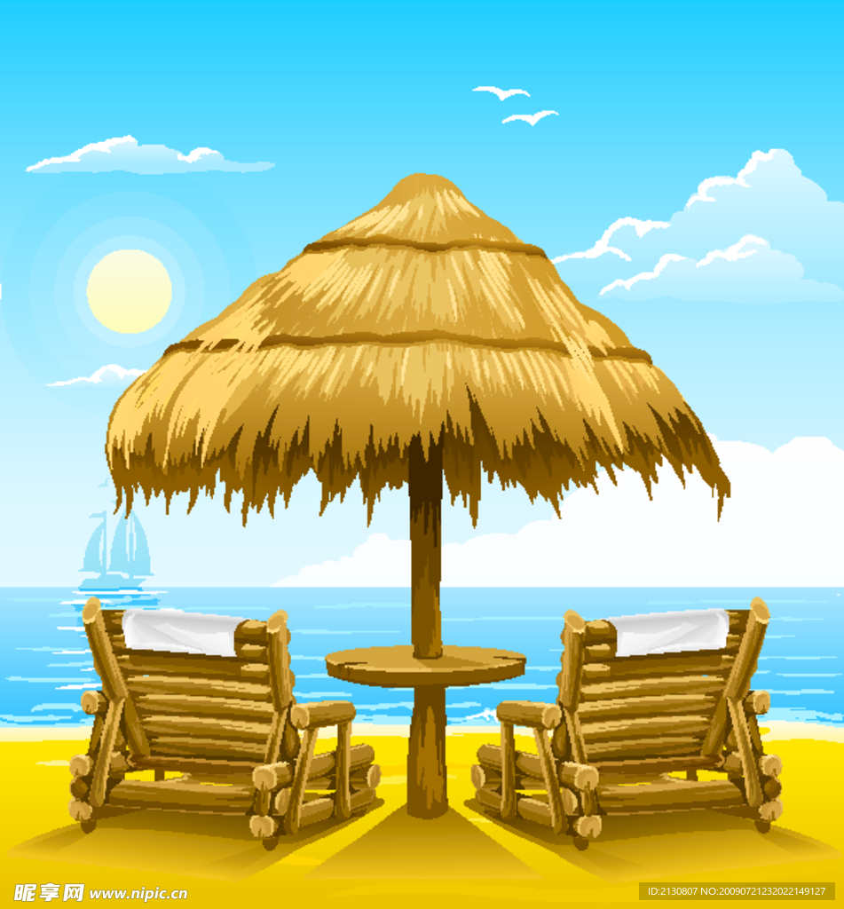 艳阳夏日海滩椰树遮阳伞和躺椅