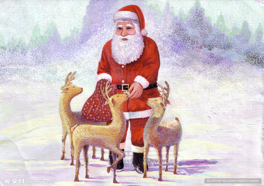 纯手绘圣诞老人与鹿