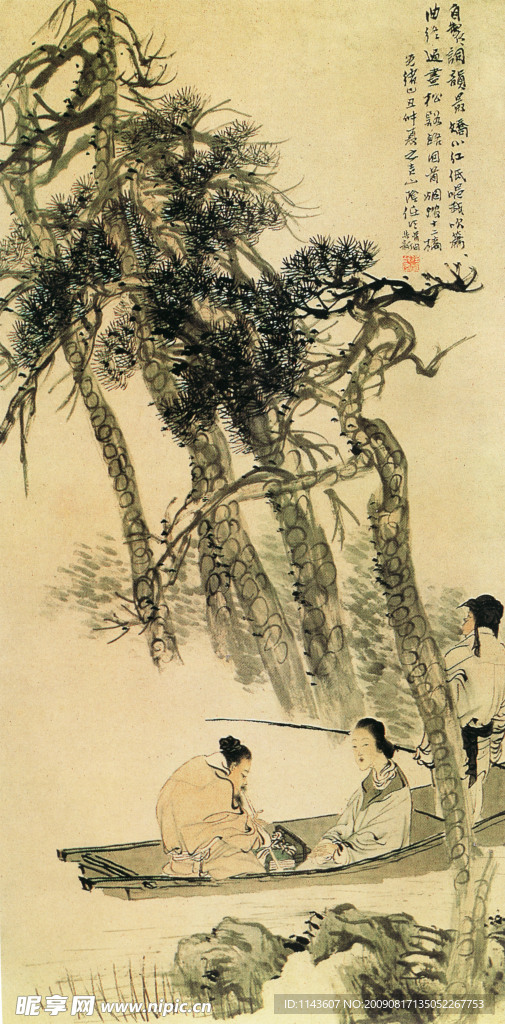 古装人物 划船 小溪