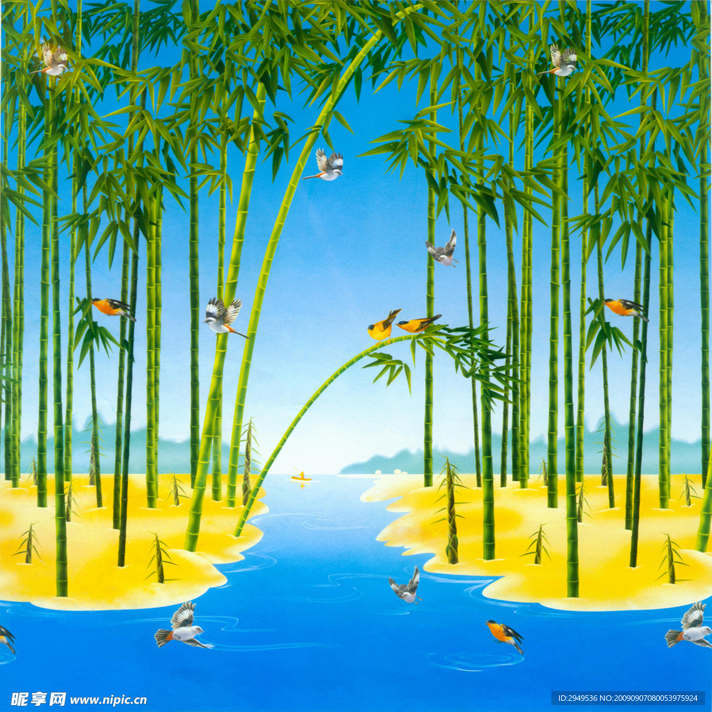 鸟儿戏竹 竹子 竹林 小鸟 鸟 河水 河流