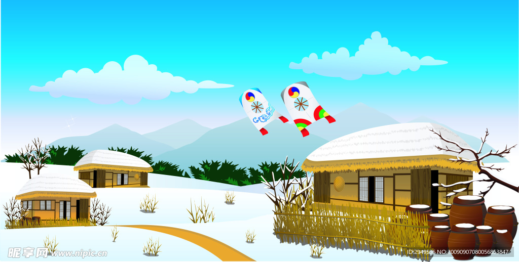 丰收年 雪景 下雪 风筝 房子