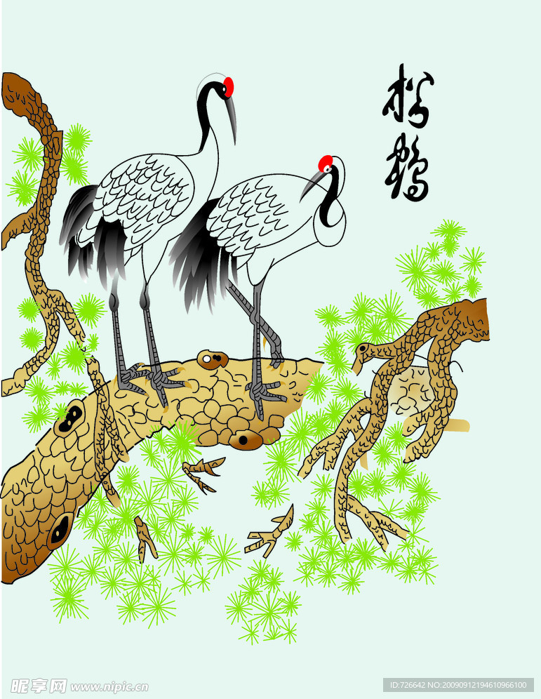 强化移门 松鹤延年 青松 鹤 树