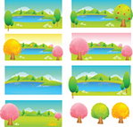 彩色树木与湖水矢量素材