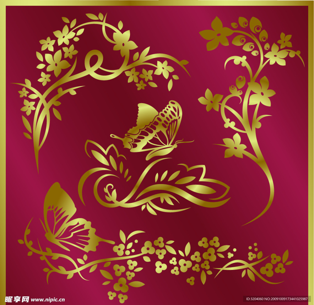 蝴蝶 金色 矢量花纹图