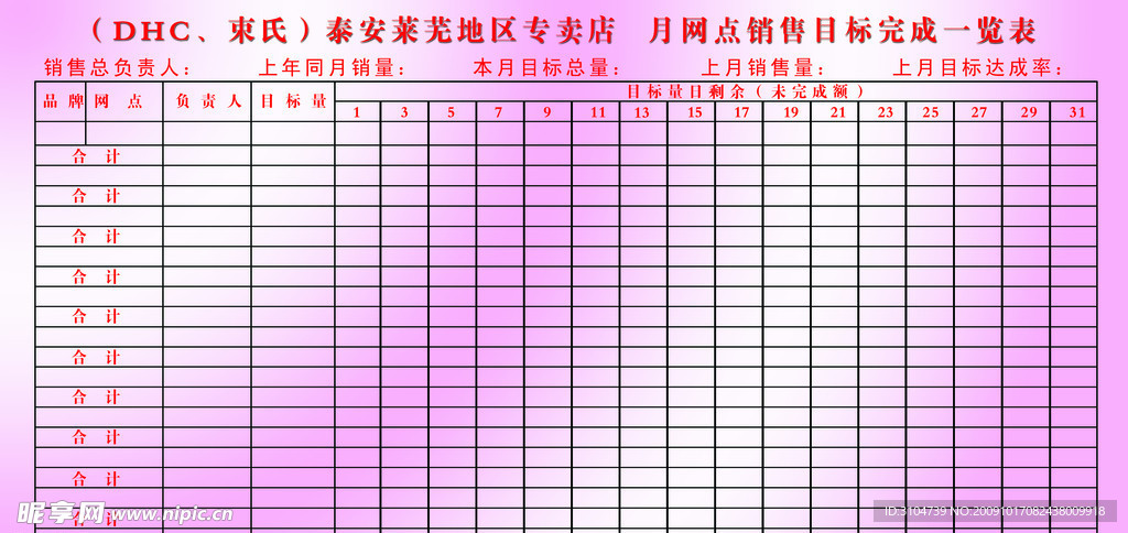 分层束氏化妆品营业销售目标完成一览表（高精细）