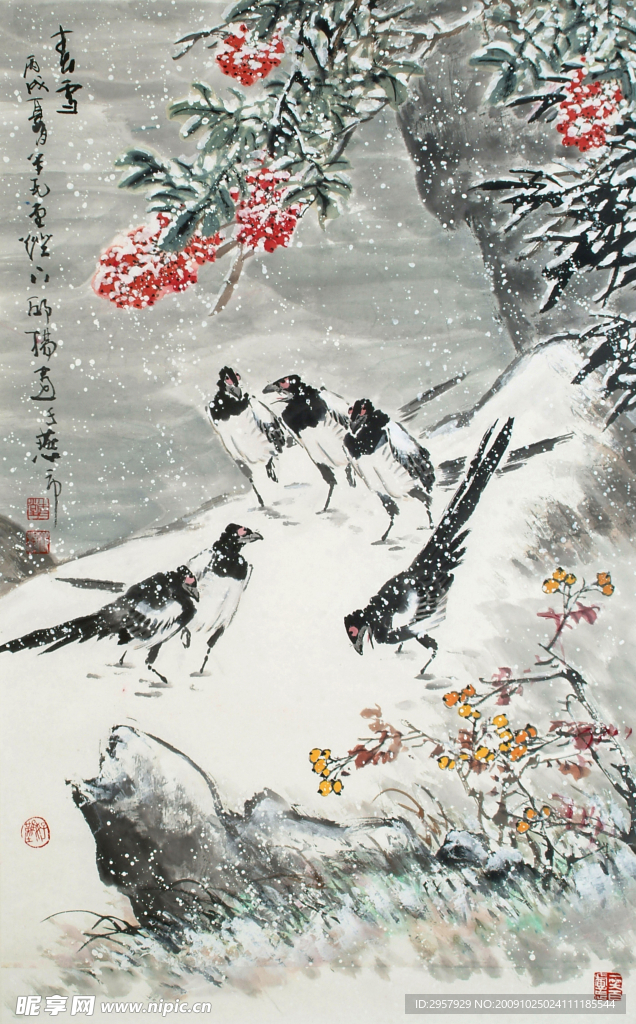 齐白石第四代传人书画名家 邱杨花鸟国画作品【春雪】