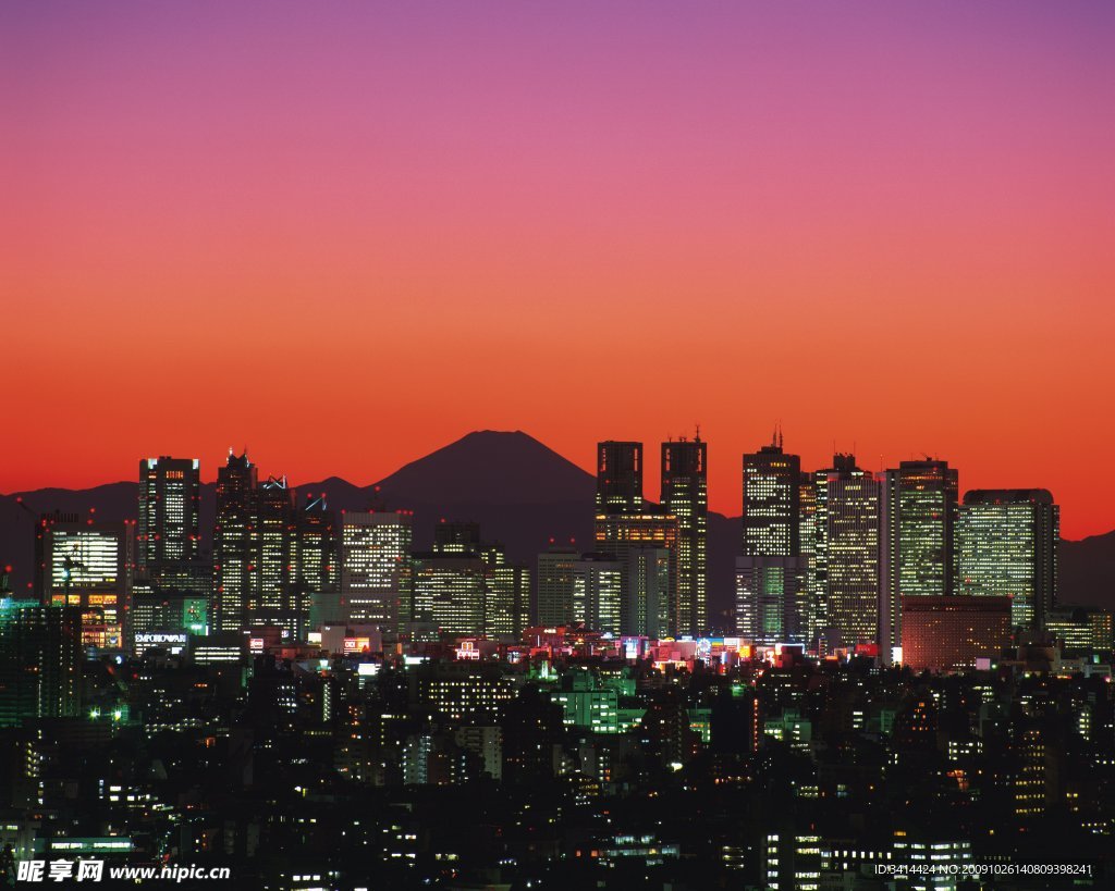 现代城市远拍夕阳夜景