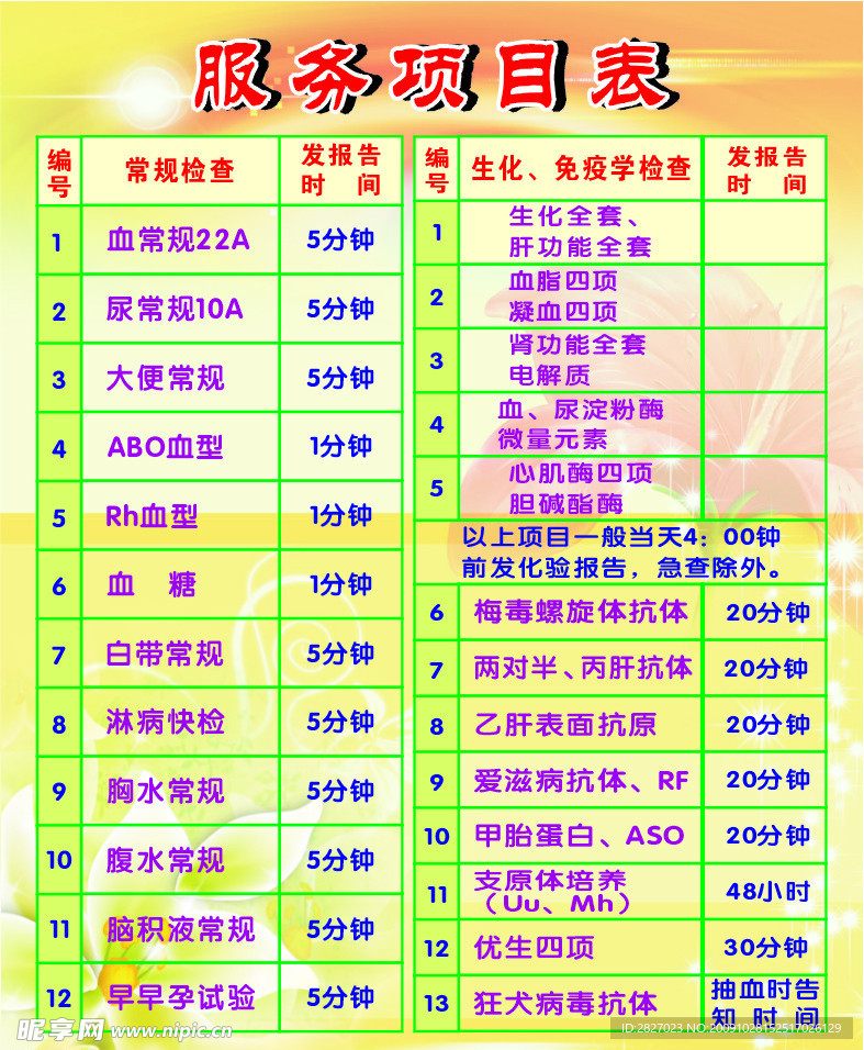 医院服务项目表