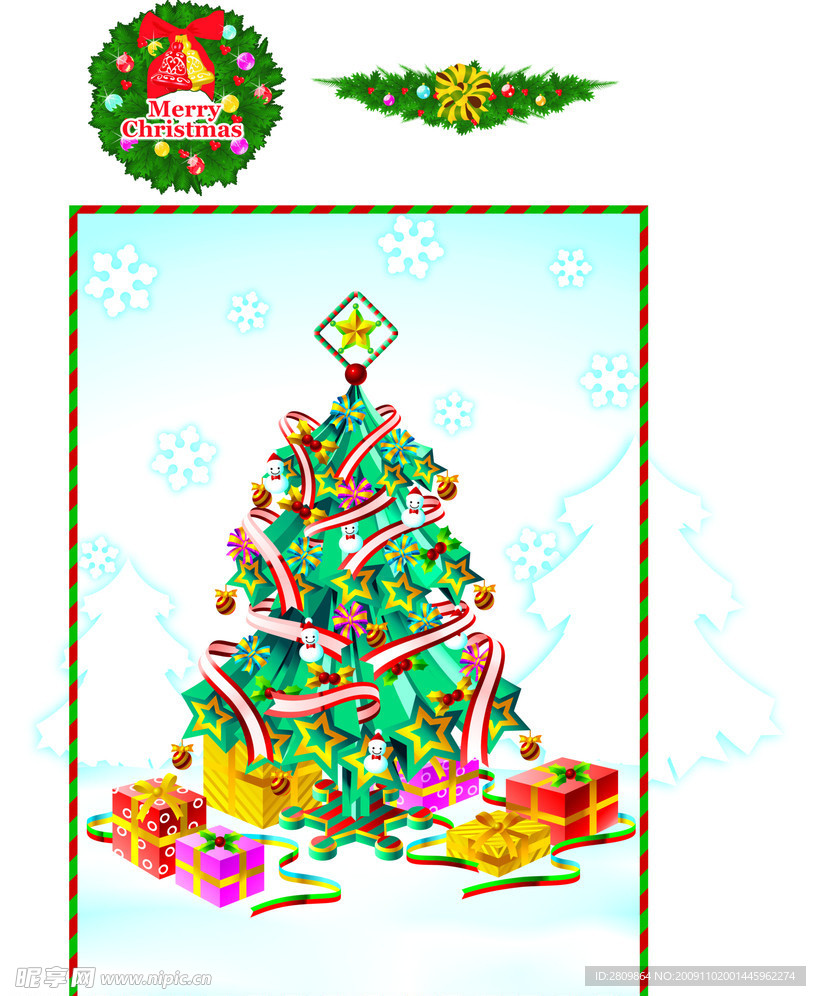 圣诞节海报 圣诞树 圣诞花圈 圣诞礼物 礼物 袜子 铃铛
