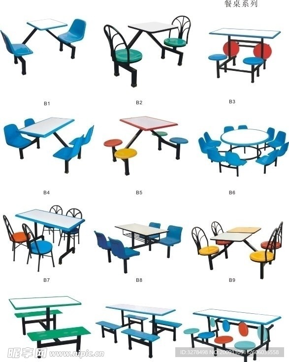 餐厅连体桌椅矢量图