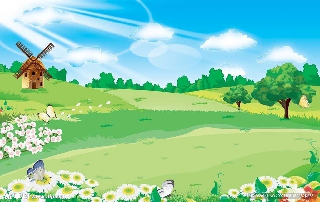 卡通背景(天空 草地和花丛)