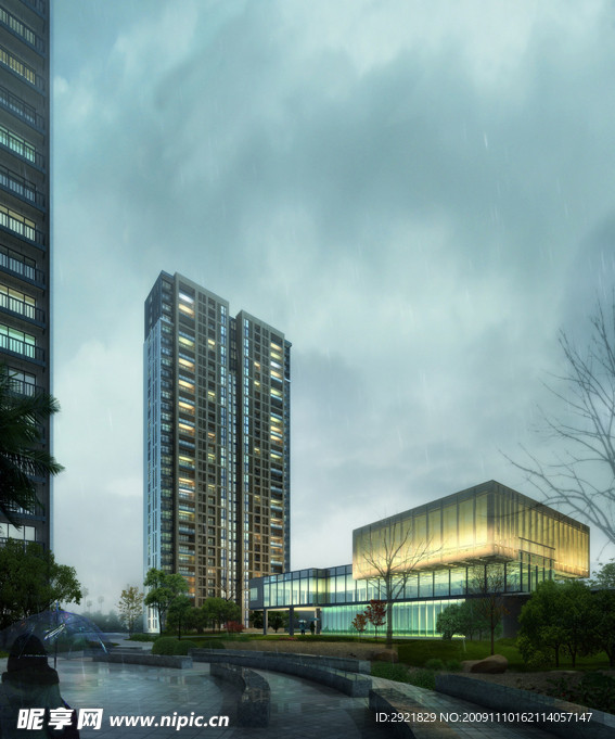高清晰PSD现代建筑效果图 雨