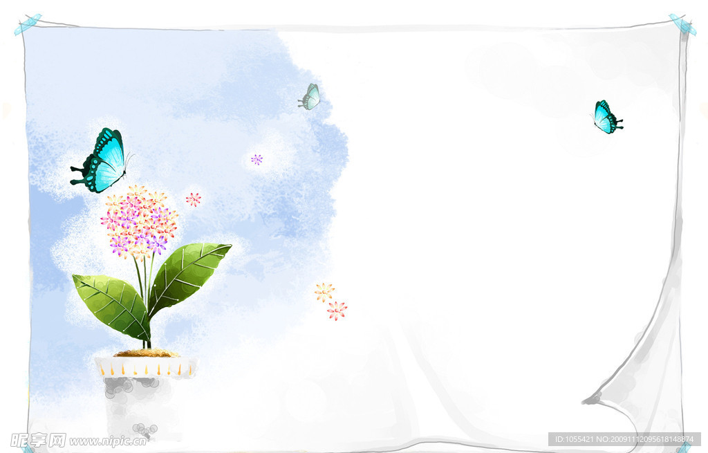 盆景与蝴蝶逼真画作PSD分层素材