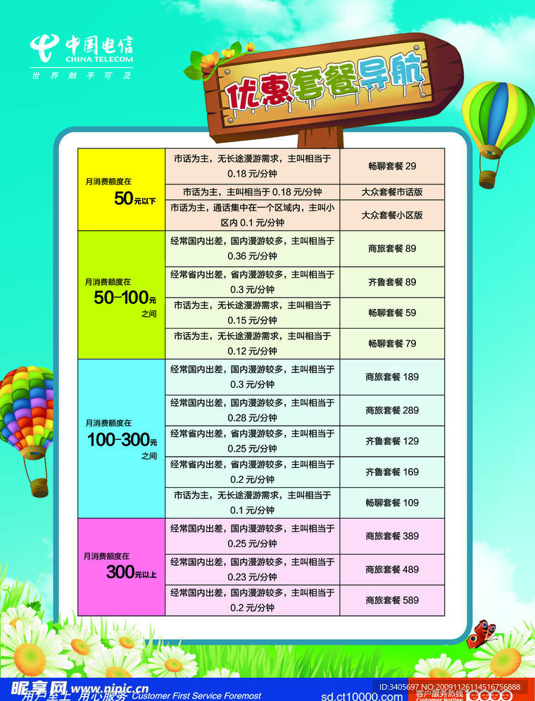 16k 单页 宣传品 资费导航 卡通 氢气球 气球 蓝天白云 田野 花 蝴蝶