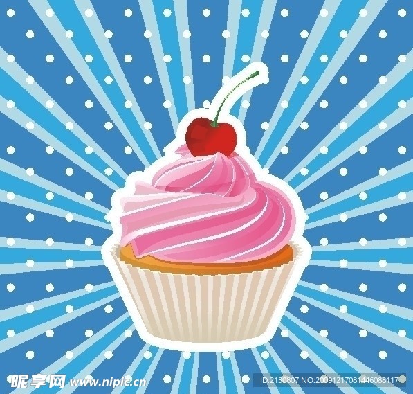 冰蓝背景粉红樱桃纸杯蛋糕
