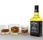 Jack Daniel洋酒和酒杯冰块3D素材