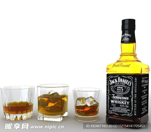 Jack Daniel洋酒和酒杯冰块3D素材