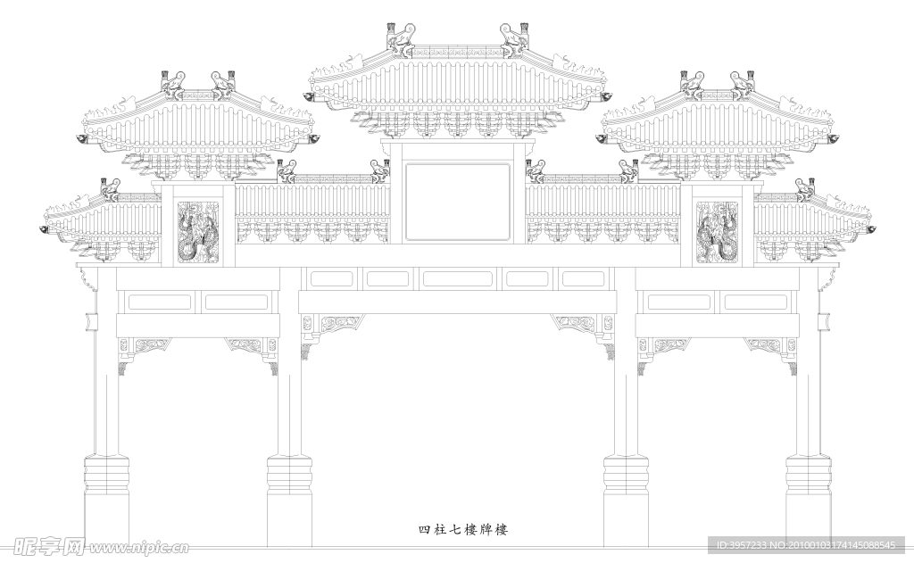 牌楼 (四柱七楼线描大图)