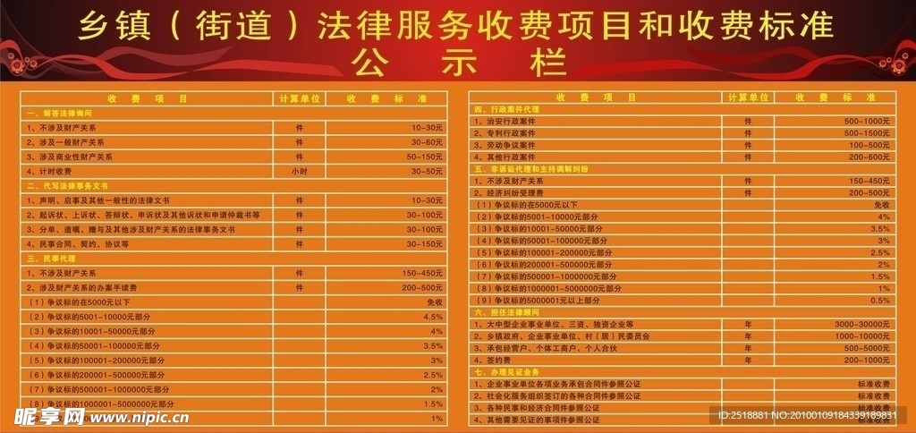 乡镇法律收费项目公示