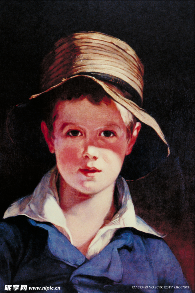 油画戴帽子的小男孩