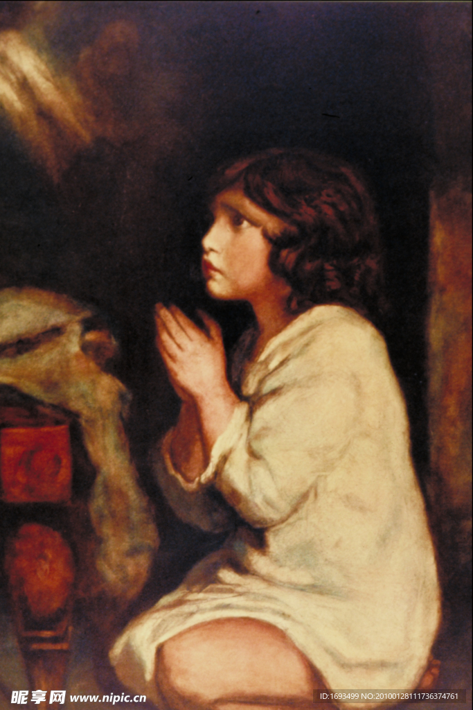 油画跪拜祈祷的小女孩
