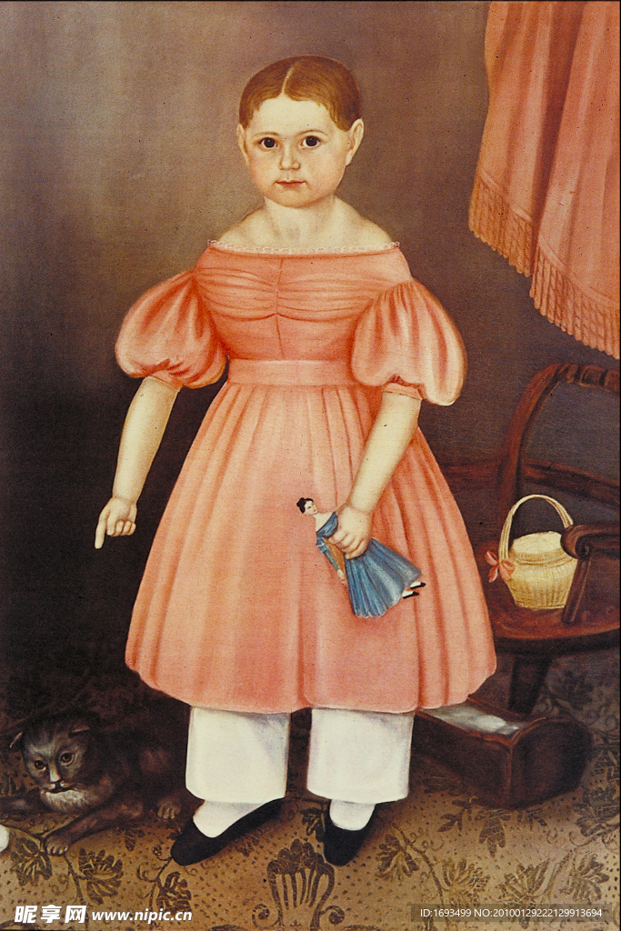 油画指着猫握着布娃娃的小女孩