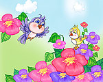 可爱小鸟与花朵
