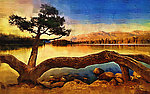 沙漠风景 湖边景物 数 古典树木 油画 挂画 夕阳