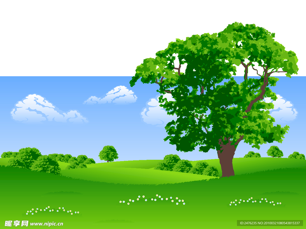手绘清新春季蓝天草地大树背景图素材-PPT家园