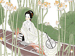 古典美女 美女坐舟 荷花女 工笔画 中国画