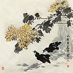 张若平 菊花 鹩哥 国画 花鸟